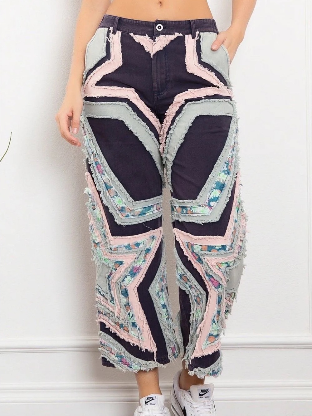 Blue Velvet Star Boho Patchwork Wide-Leg Pants in Black, Pink & Light Blue - Picture 2 of 2